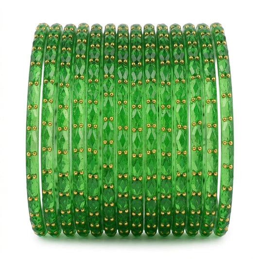 Raindrop Glass Bangles With Golden Beads, Traditional Indian Glass Chudi Set