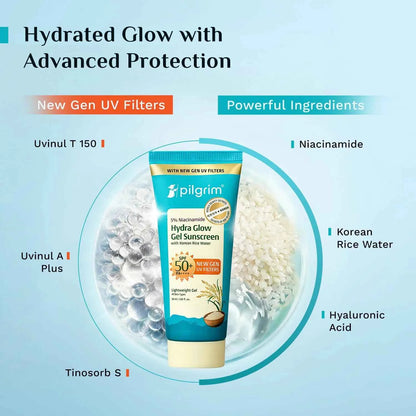 Pilgrim 5% Niacinamide Hydra Glow Gel Sunscreen SPF 50+ PA++++ | With Korean Rice Water | Lightweight Gel Sunscreen | No White Cast | 50ml