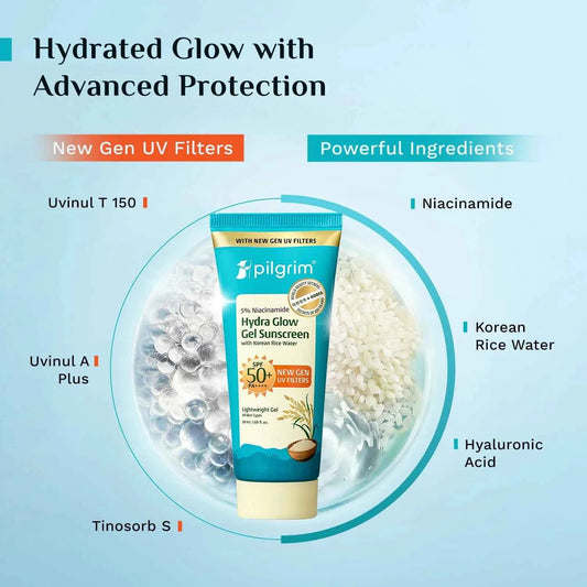 Pilgrim 5% Niacinamide Hydra Glow Gel Sunscreen SPF 50+ PA++++ | With Korean Rice Water | Lightweight Gel Sunscreen | No White Cast | 50ml