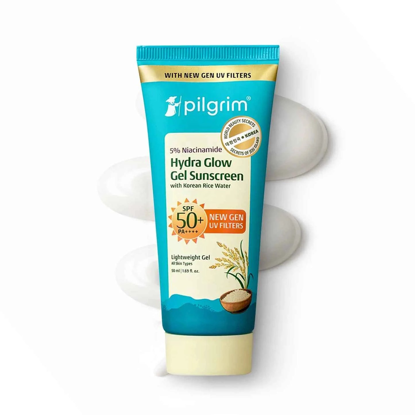pilgrim 5% niacinamide hydra glow gel sunscreen spf 50+ pa++++ | with korean rice water | lightweight gel sunscreen | no white cast | 50ml
