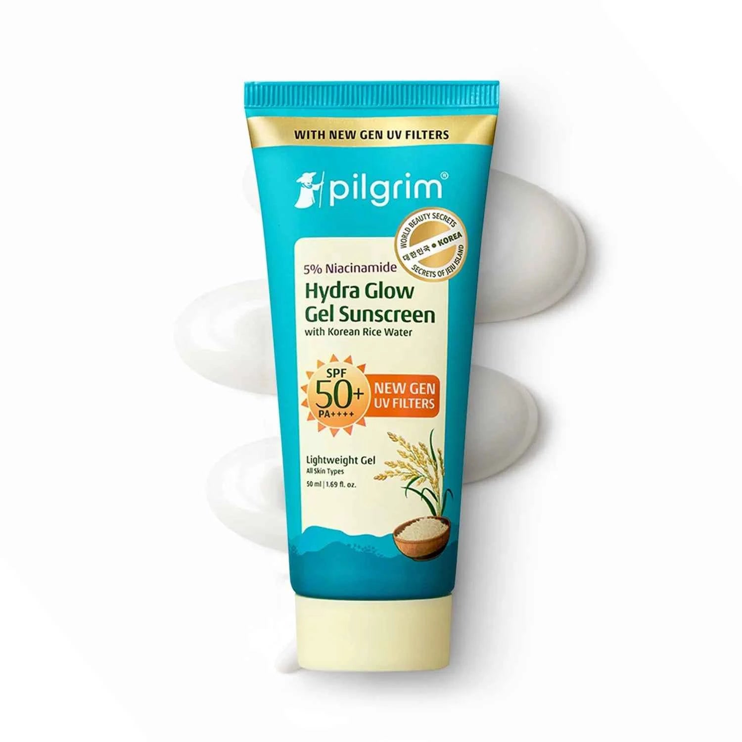 Pilgrim 5% Niacinamide Hydra Glow Gel Sunscreen SPF 50+ PA++++ | With Korean Rice Water | Lightweight Gel Sunscreen | No White Cast | 50ml