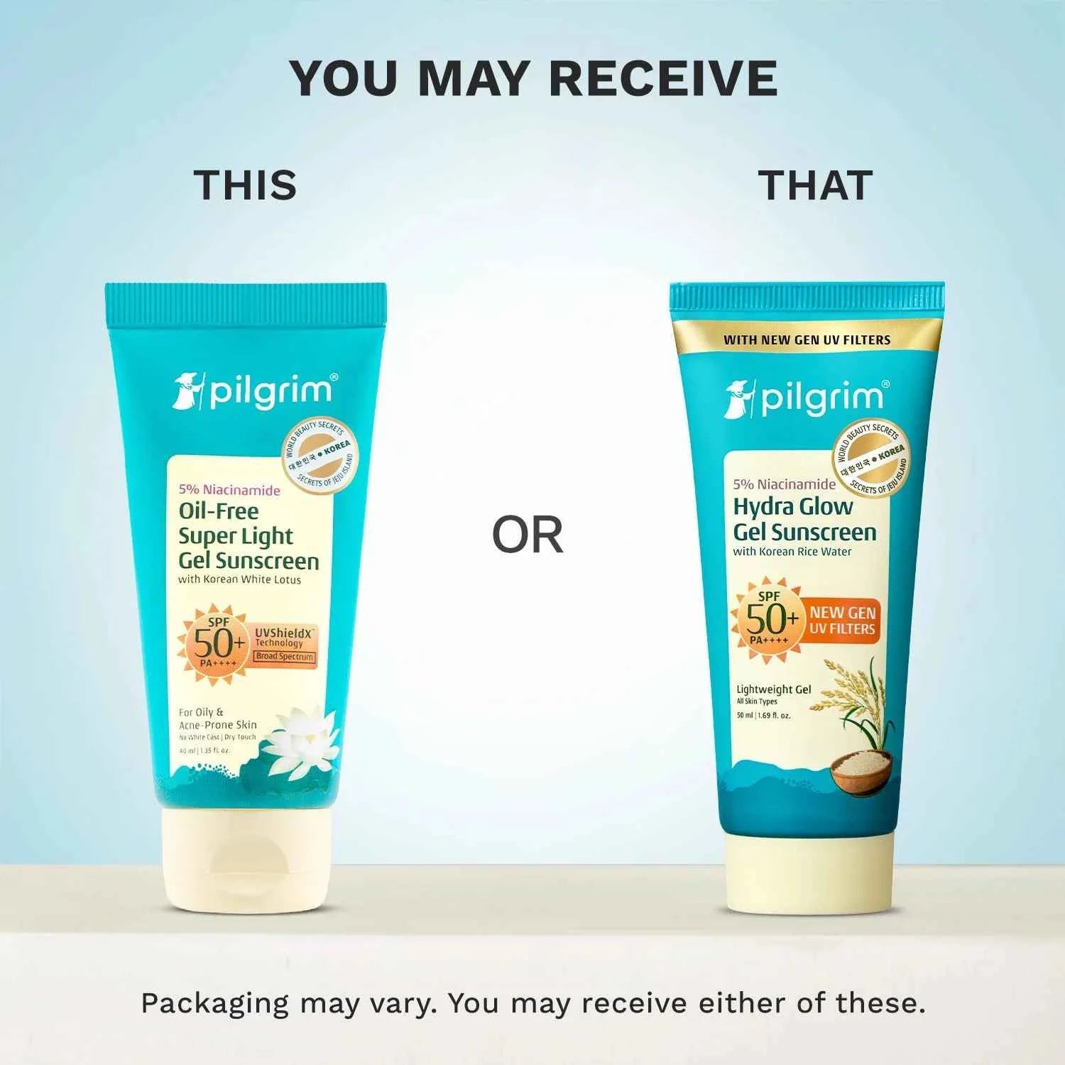 Pilgrim 5% Niacinamide Hydra Glow Gel Sunscreen SPF 50+ PA++++ | With Korean Rice Water | Lightweight Gel Sunscreen | No White Cast | 50ml