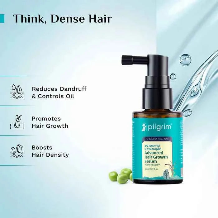 Pilgrim Advanced Hair Growth Serum with 3% Redensyl, 4% Anagain & Seascalp™ | Hair Growth & Hair Fall Control Serum | For Dandruff Prone Scalp | 30ml