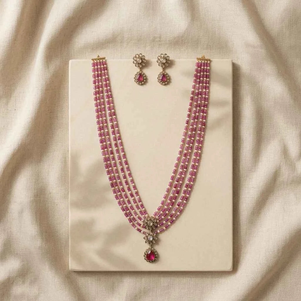 Pink Beaded Layered Necklace Set with Earrings for Women | Designer Party & Bridal Jewellery - GEHNA OFFICIAL