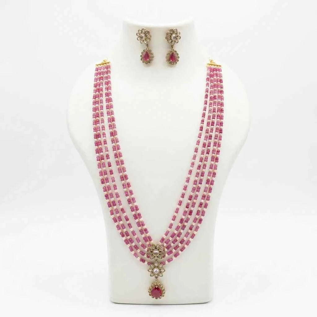 Pink Beaded Layered Necklace Set with Earrings for Women | Designer Party & Bridal Jewellery - GEHNA OFFICIAL