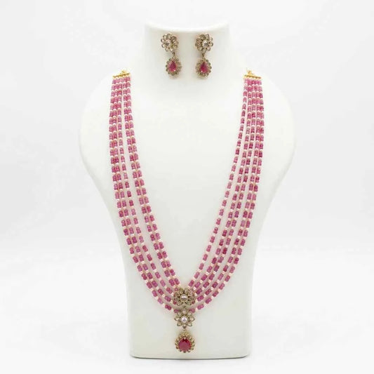 Pink Beaded Layered Necklace Set with Earrings for Women | Designer Party & Bridal Jewellery