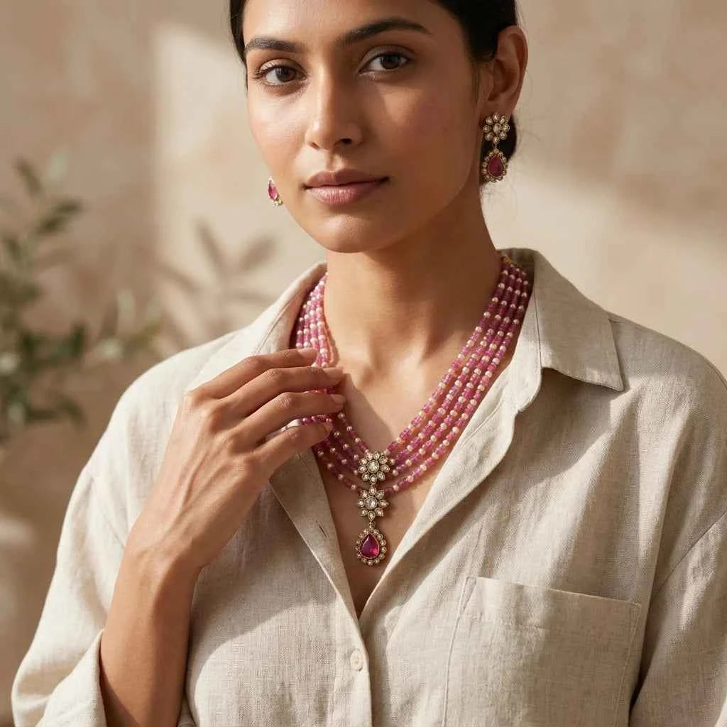 Pink Beaded Layered Necklace Set with Earrings for Women | Designer Party & Bridal Jewellery - GEHNA OFFICIAL