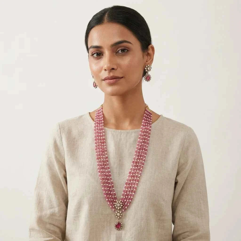 Pink Beaded Layered Necklace Set with Earrings for Women | Designer Party & Bridal Jewellery - GEHNA OFFICIAL