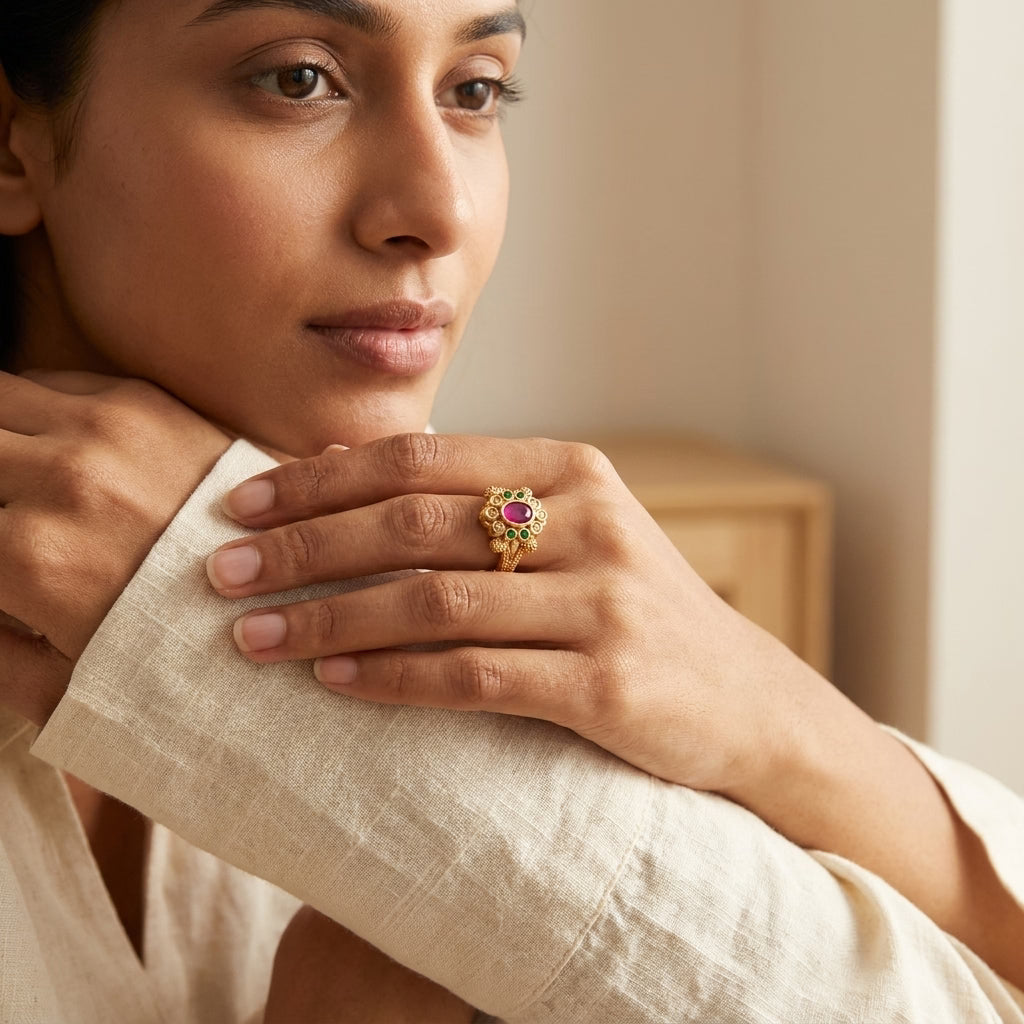 pink stone floral gold plated ring for women | designer ad ring