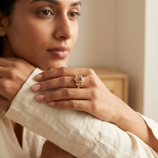 Pink Stone Floral Gold Plated Ring for Women | Designer AD Ring