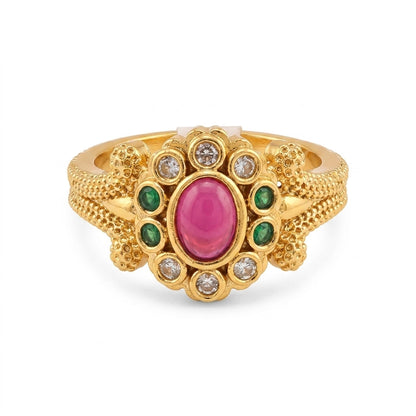 Pink Stone Floral Gold Plated Ring for Women | Designer AD Ring