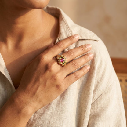 Pink Stone Floral Gold Plated Ring for Women | Designer AD Ring