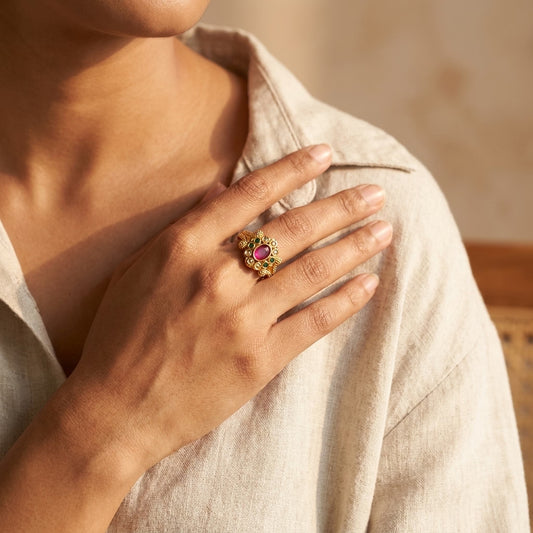 Pink Stone Floral Gold Plated Ring for Women | Designer AD Ring