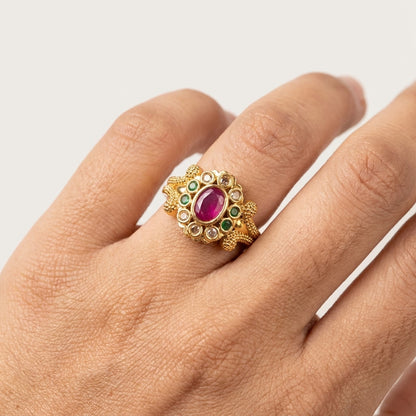Pink Stone Floral Gold Plated Ring for Women | Designer AD Ring
