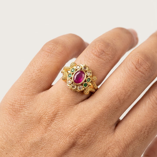 Pink Stone Floral Gold Plated Ring for Women | Designer AD Ring