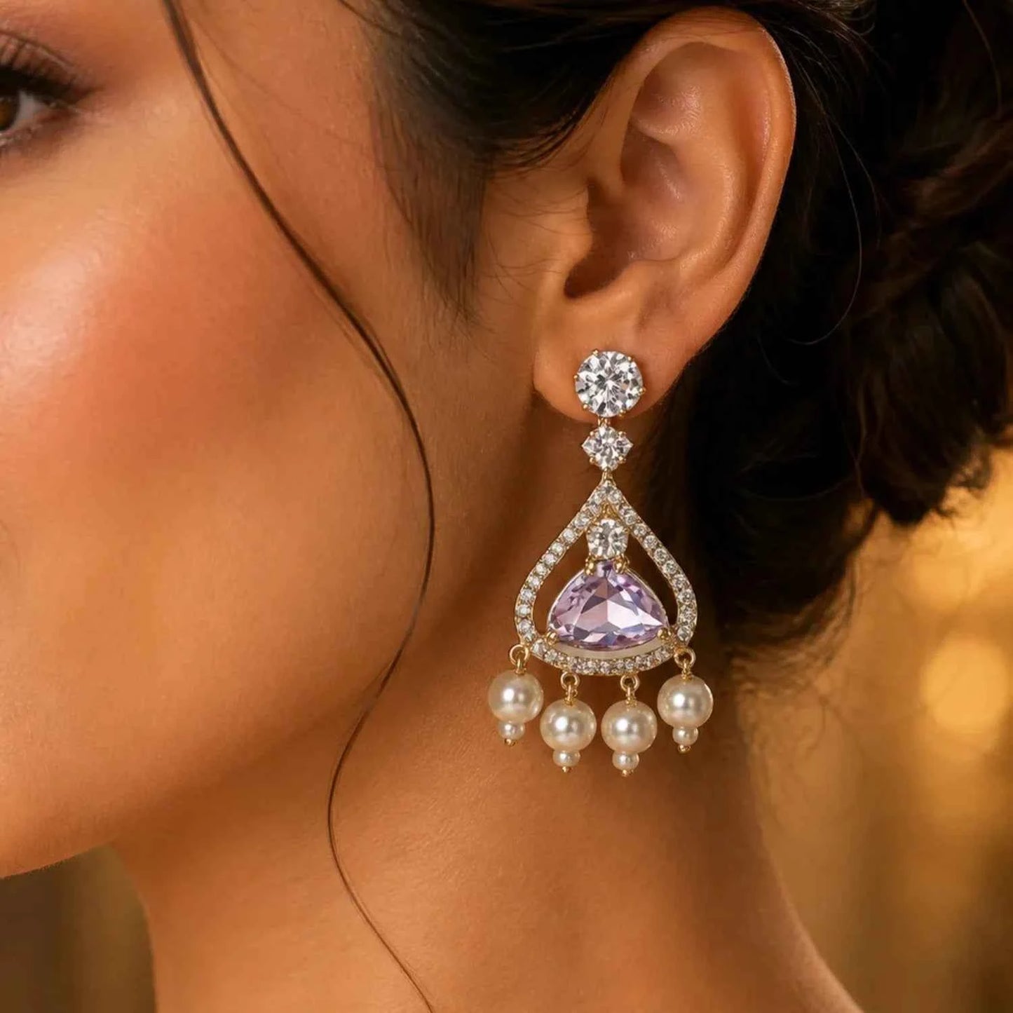 luxury pink stone pearl drop earrings for women | american diamond party wear earrings - gehna official