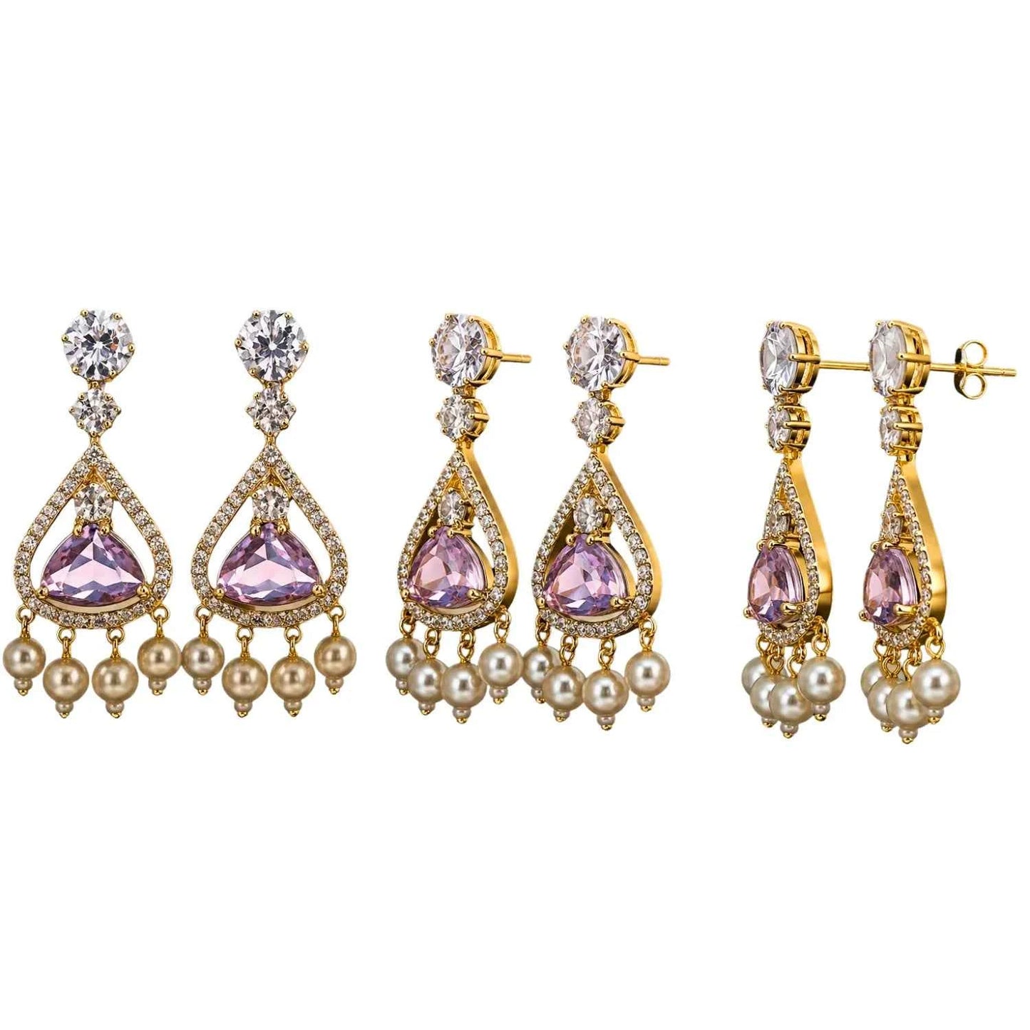 luxury pink stone pearl drop earrings for women | american diamond party wear earrings - gehna official