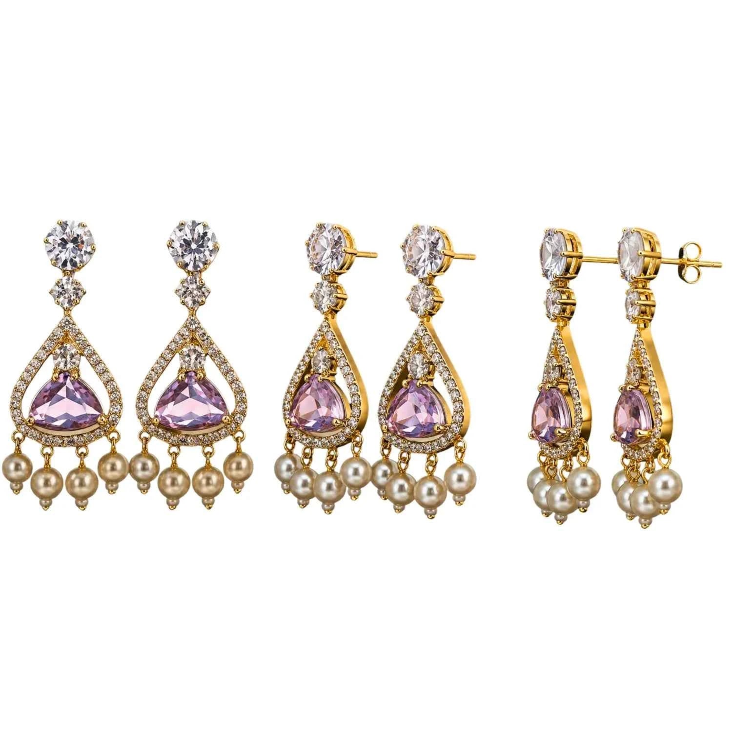 Luxury Pink Stone Pearl Drop Earrings for Women | American Diamond Party Wear Earrings - GEHNA OFFICIAL
