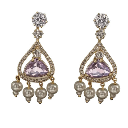 Luxury Pink Stone Pearl Drop Earrings for Women | American Diamond Party Wear Earrings - GEHNA OFFICIAL