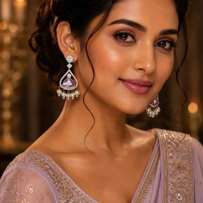 Luxury Pink Stone Pearl Drop Earrings for Women | American Diamond Party Wear Earrings - GEHNA OFFICIAL