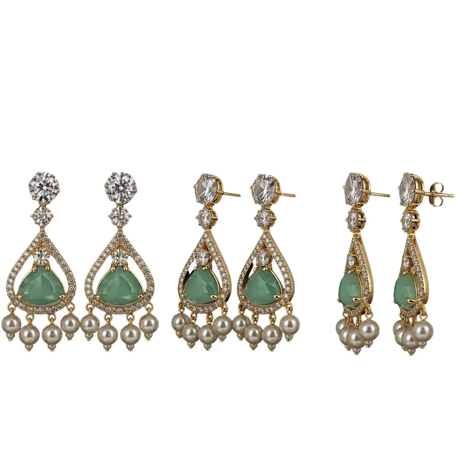 Mint Green Stone Pearl Drop Earrings for Women | American Diamond Designer Earrings - GEHNA OFFICIAL