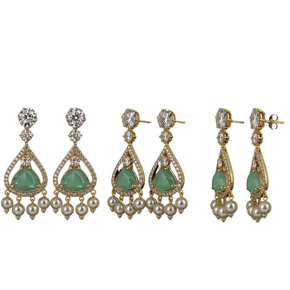 Mint Green Stone Pearl Drop Earrings for Women | American Diamond Designer Earrings - GEHNA OFFICIAL