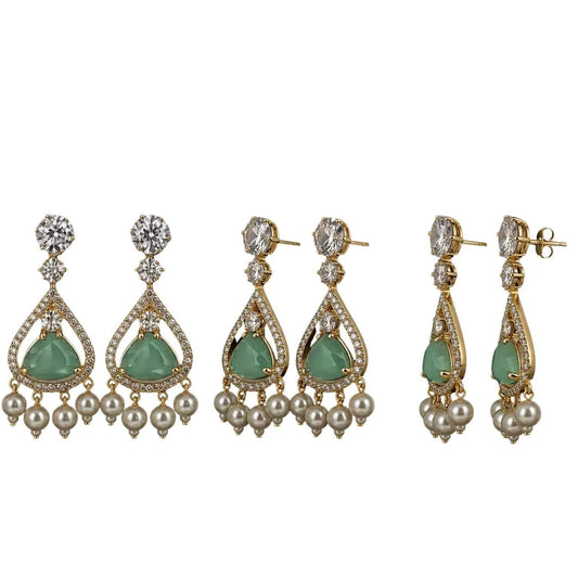 Mint Green Stone Pearl Drop Earrings for Women | American Diamond Designer Earrings