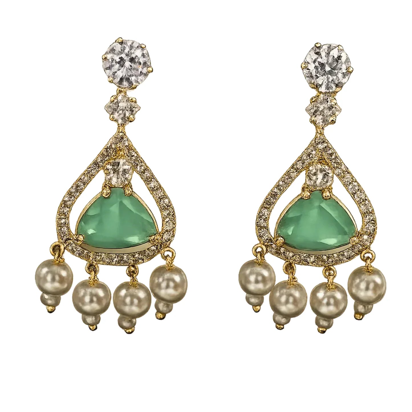 mint green stone pearl drop earrings for women | american diamond designer earrings - gehna official
