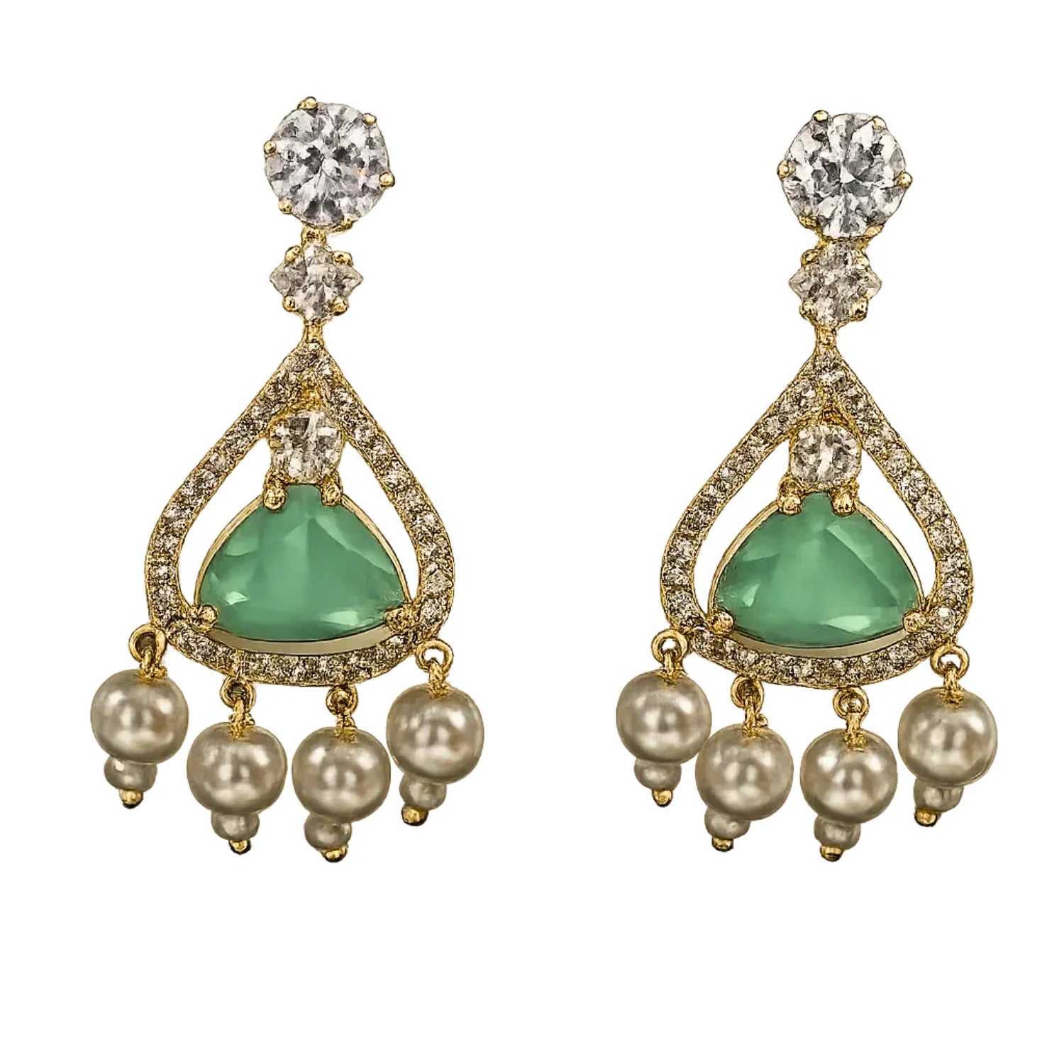 Mint Green Stone Pearl Drop Earrings for Women | American Diamond Designer Earrings - GEHNA OFFICIAL