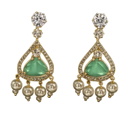 Mint Green Stone Pearl Drop Earrings for Women | American Diamond Designer Earrings - GEHNA OFFICIAL