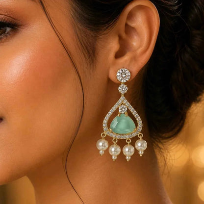 Mint Green Stone Pearl Drop Earrings for Women | American Diamond Designer Earrings - GEHNA OFFICIAL