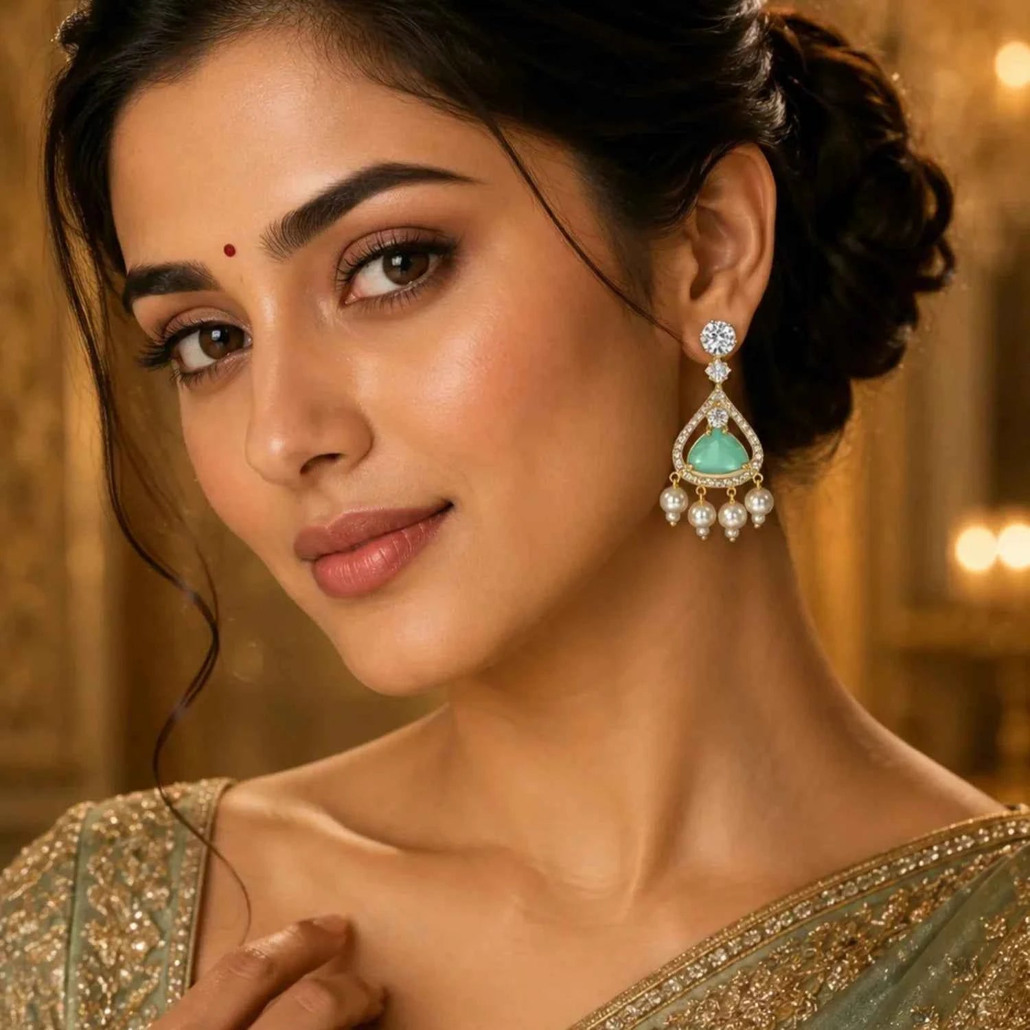 Mint Green Stone Pearl Drop Earrings for Women | American Diamond Designer Earrings - GEHNA OFFICIAL