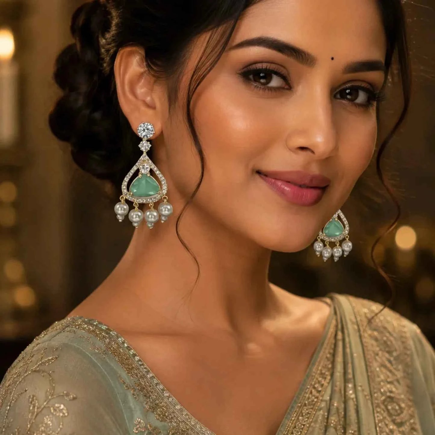 mint green stone pearl drop earrings for women | american diamond designer earrings - gehna official