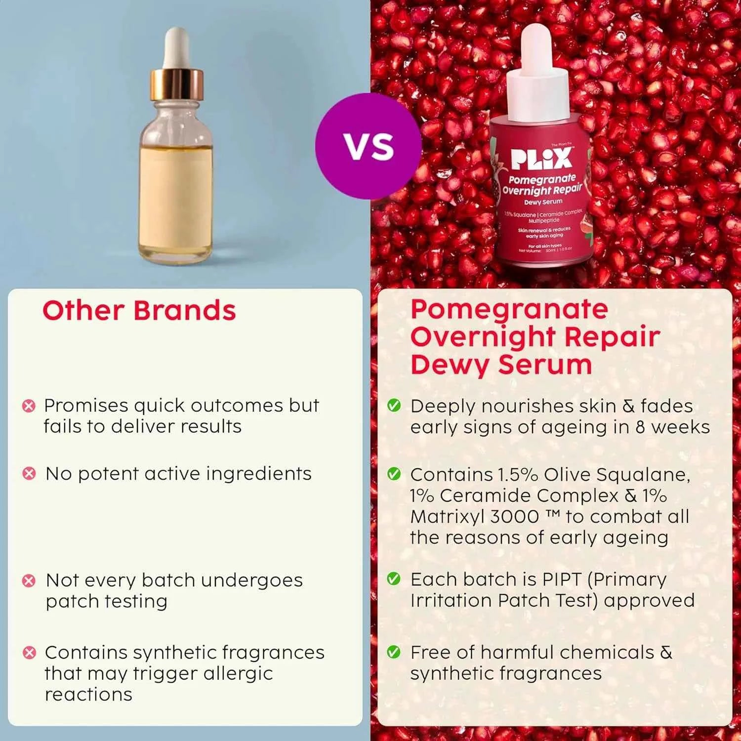 PLIX Pomegranate Overnight Repair Dewy Serum | Squalane, Ceramide Complex & Multi Peptide | Anti-Wrinkle & Night Skin Renewal - GEHNA OFFICIAL