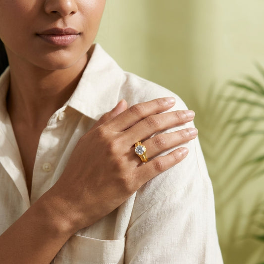 Premium Gold Plated Solitaire Diamond Ring for Women | Elegant CZ Stone Finger Ring
