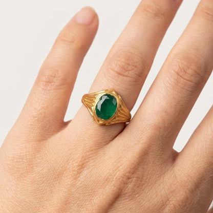 Green Stone Gold Plated Designer Ring for Men | Premium Emerald Look Finger Ring  Short Description