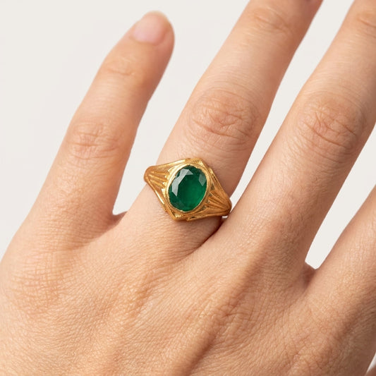 Green Stone Gold Plated Designer Ring for Men | Premium Emerald Look Finger Ring  Short Description - GEHNA OFFICIAL