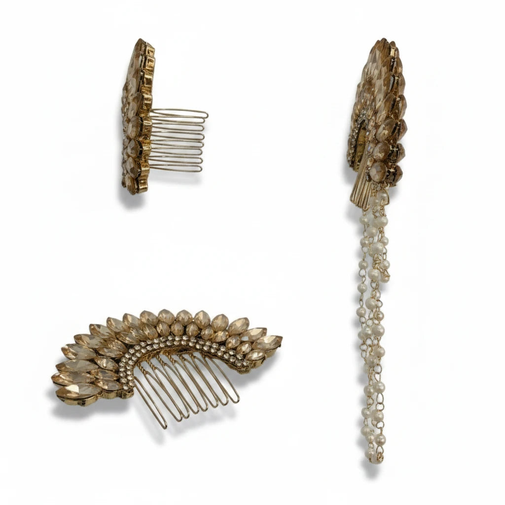 golden crystal pearl bridal hair comb with hanging pearl chains