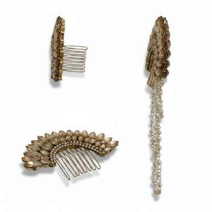 Golden Crystal Pearl Bridal Hair Comb with Hanging Pearl Chains