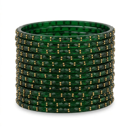 Raindrop Glass Bangles With Golden Beads, Traditional Indian Glass Chudi Set