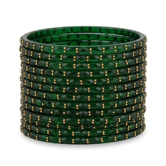 Raindrop Glass Bangles With Golden Beads, Traditional Indian Glass Chudi Set
