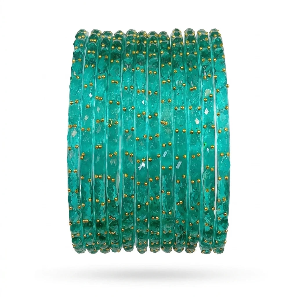 raindrop glass bangles with golden beads, traditional indian glass chudi set