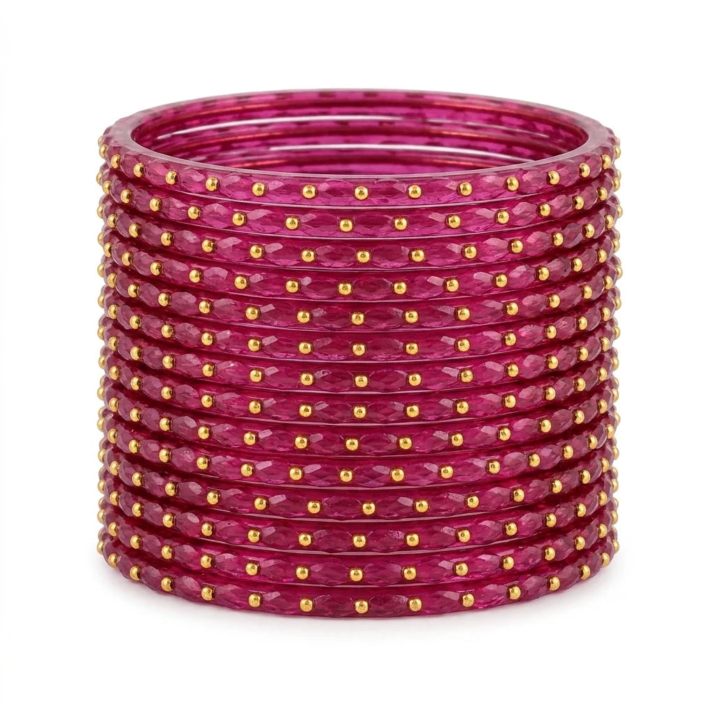 Raindrop Glass Bangles With Golden Beads, Traditional Indian Glass Chudi Set