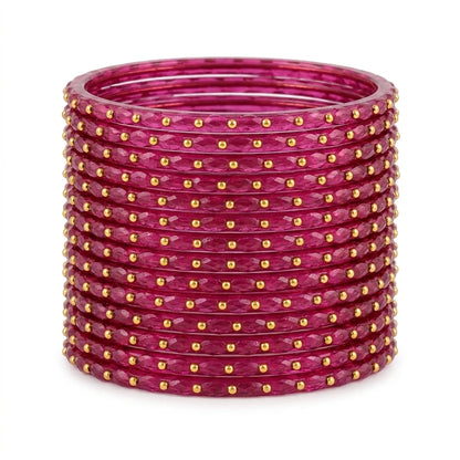 Raindrop Glass Bangles With Golden Beads, Traditional Indian Glass Chudi Set