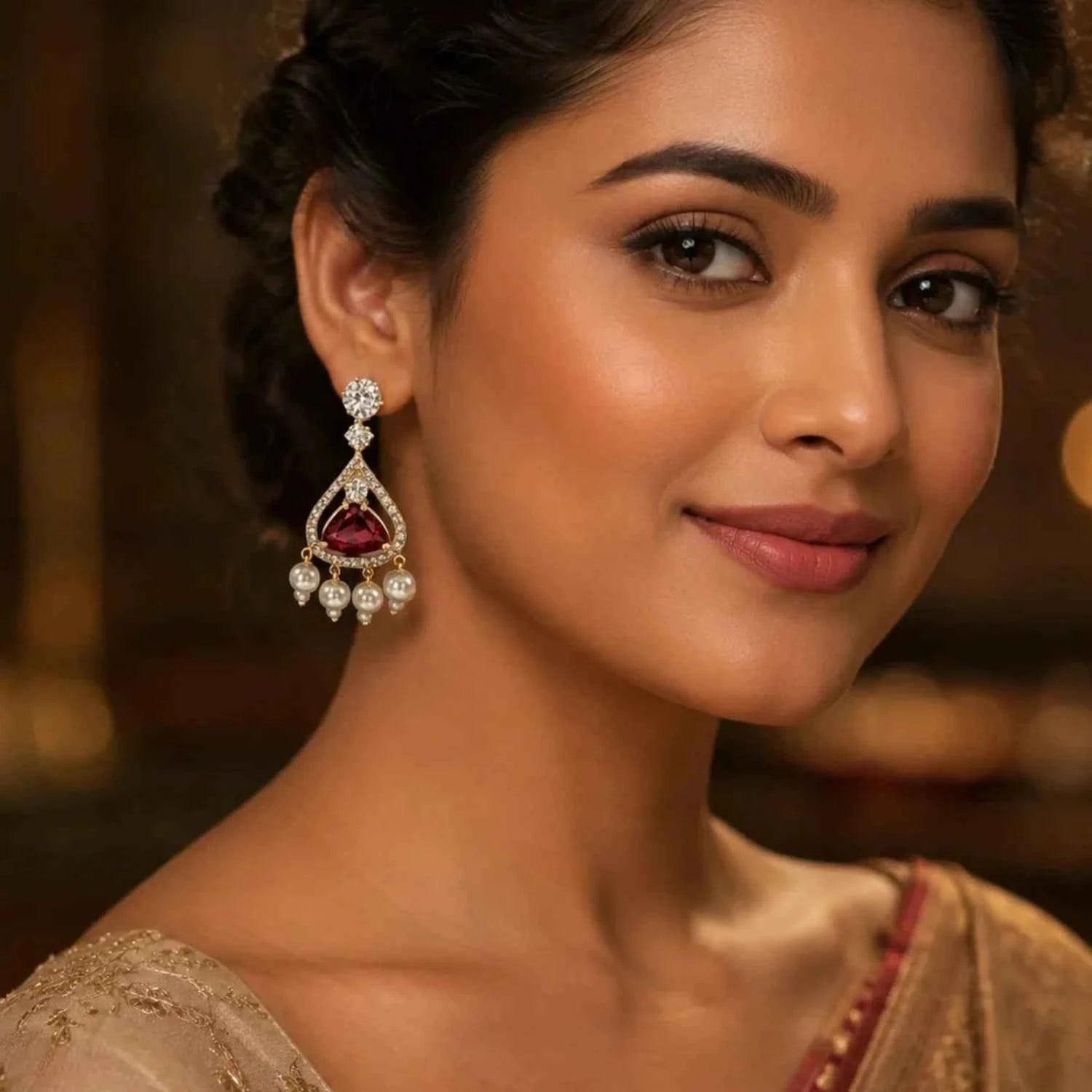 Ruby Red Stone Pearl Drop Earrings for Women | American Diamond Luxury Earrings - GEHNA OFFICIAL
