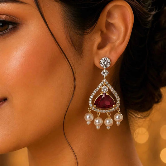 Ruby Red Stone Pearl Drop Earrings for Women | American Diamond Luxury Earrings - GEHNA OFFICIAL