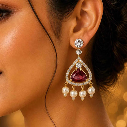 Ruby Red Stone Pearl Drop Earrings for Women | American Diamond Luxury Earrings - GEHNA OFFICIAL