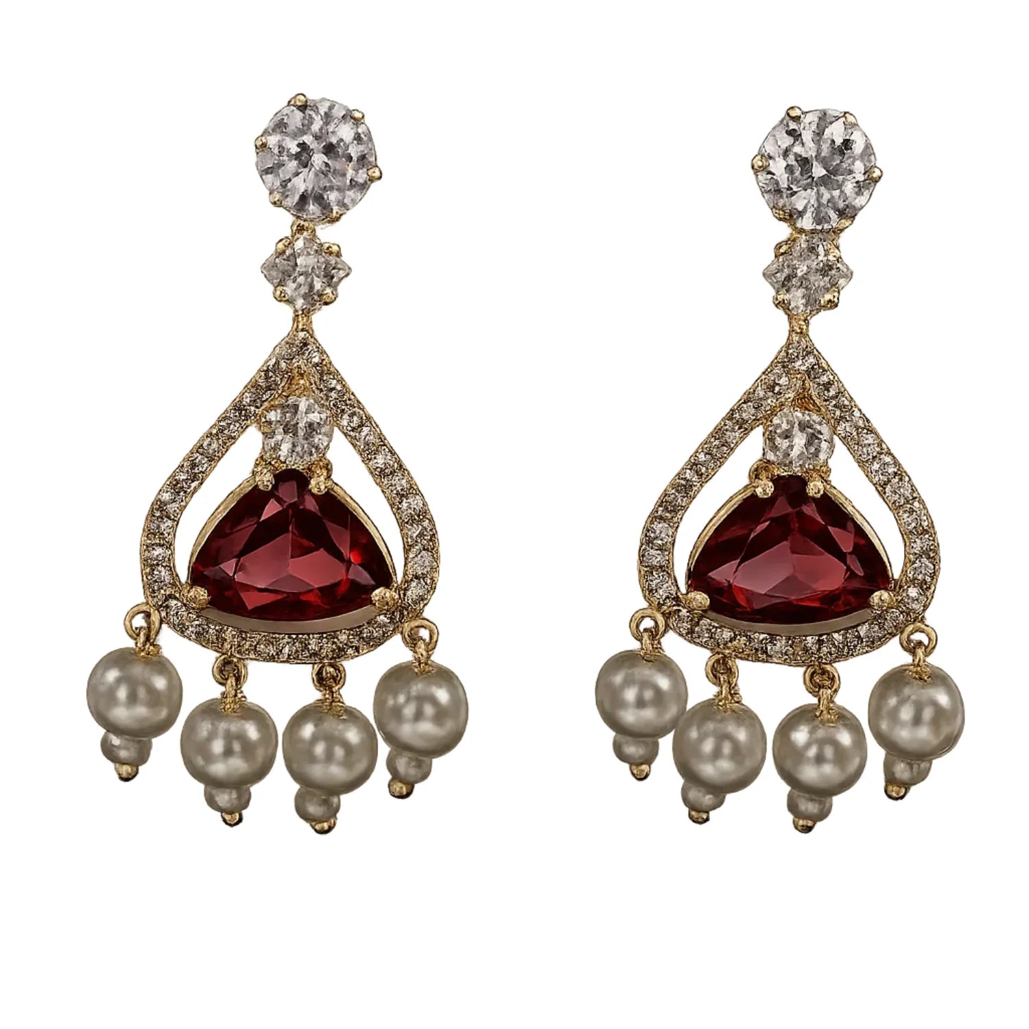 Ruby Red Stone Pearl Drop Earrings for Women | American Diamond Luxury Earrings - GEHNA OFFICIAL