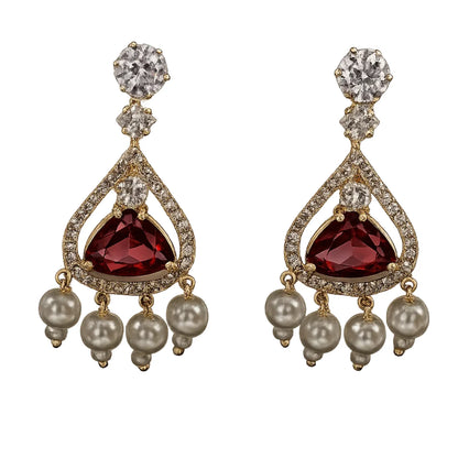 Ruby Red Stone Pearl Drop Earrings for Women | American Diamond Luxury Earrings - GEHNA OFFICIAL