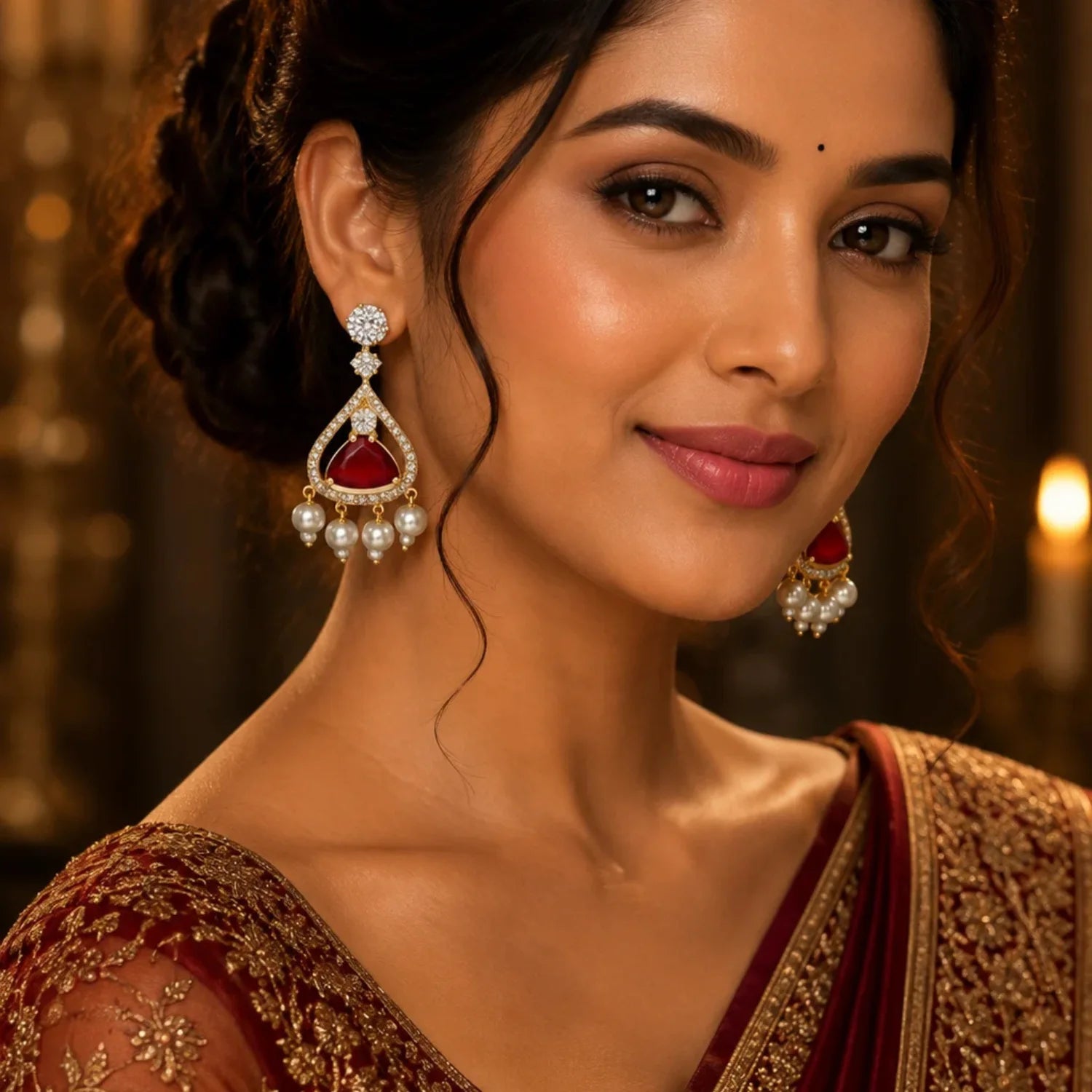 Royal Red Stone Pearl Drop Earrings for Women | American Diamond Party Wear Earrings
